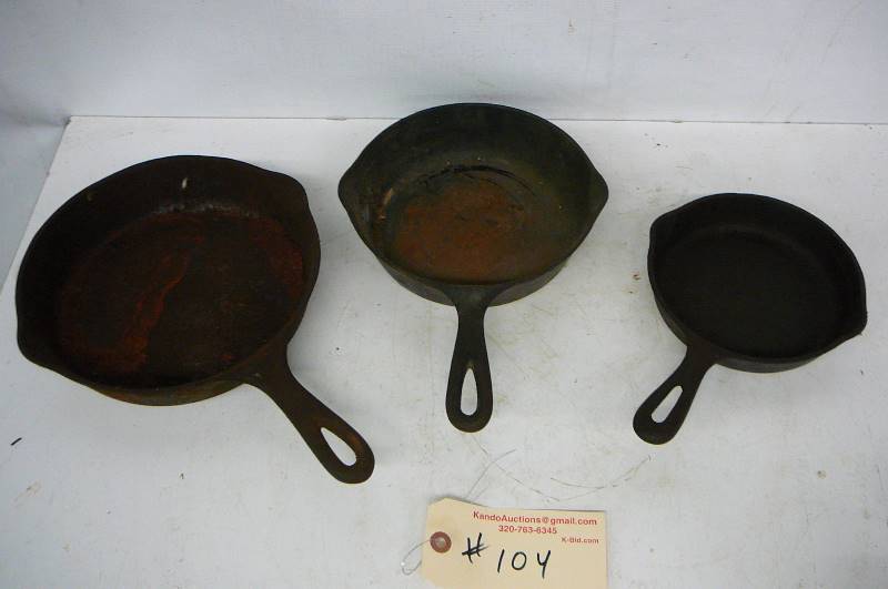 lot 104 image: Cast Iron Skillets 3 count, Skillet 6 12, Favorite #5, Skillet 8