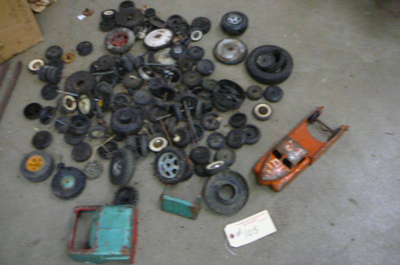 lot 105 image: Tires & Parts old toy, Lot of tires axels, Truck body