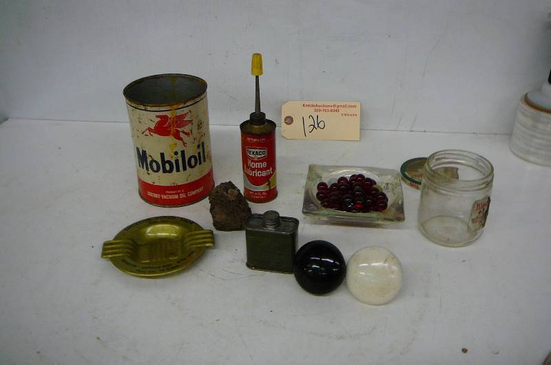 lot 126 image: Oil Cans, Marbles, Door Knobs, Ash Trays