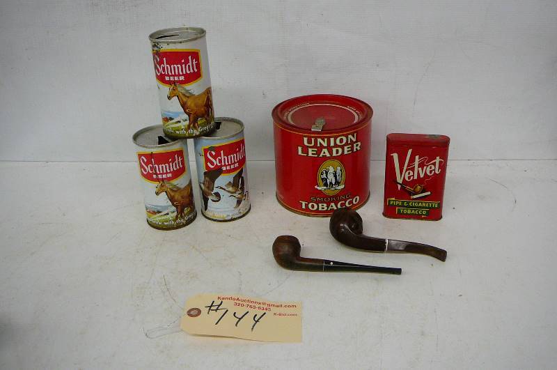 lot 144 image: Tobacco Tins & Pipes & Beer cans