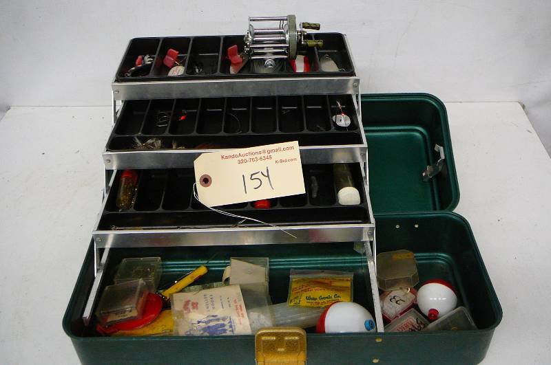 lot 154 image: Tackle box with tackle Atlas 1708 Reel 17 x 6 x 6