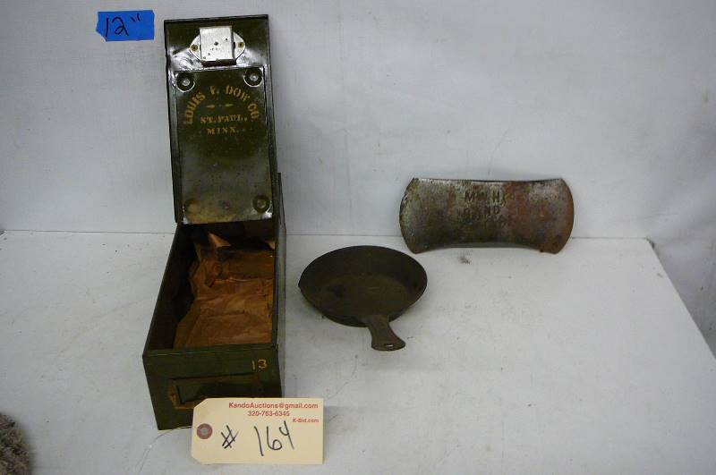 lot 164 image: Axe head, Safty deposit box, Tin pan