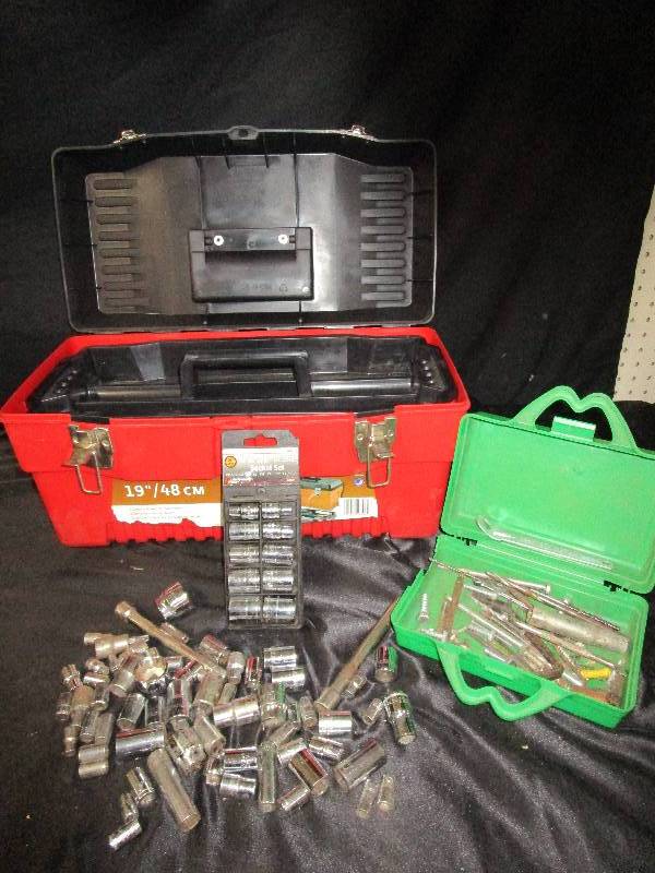lot 18 image: Plastic Stack-on Tool Box, 12, 38, 14 sockets, and misc tools