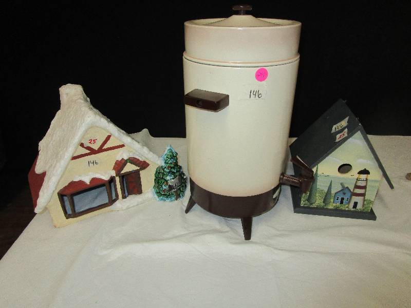 lot 25 image: Bird house, 42 cup coffee pot and ceramic house