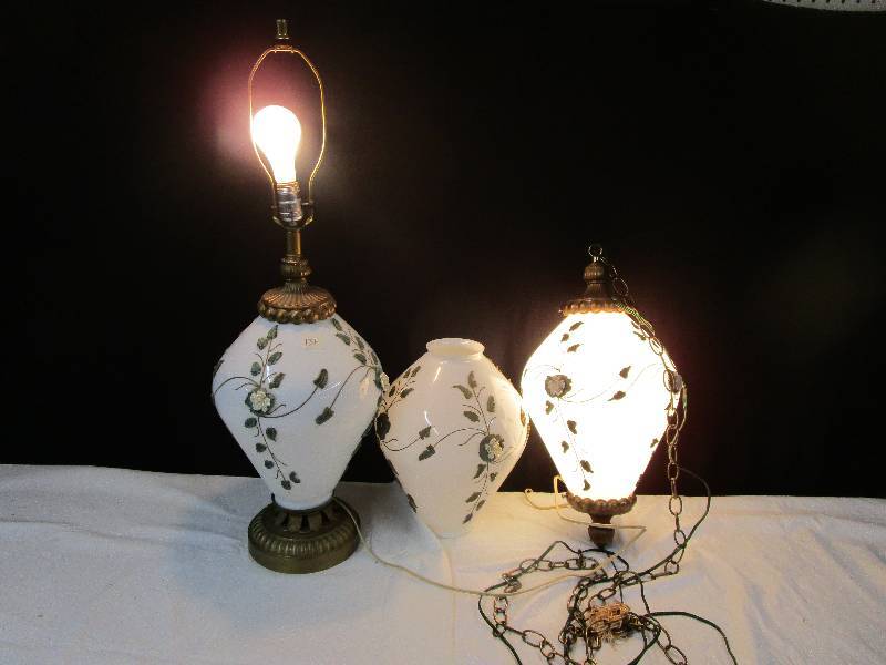 lot 79 image: Table Lamp and a Hanging lamp. With extra piece. Hanging lamp is 22 standing lamp is about 33