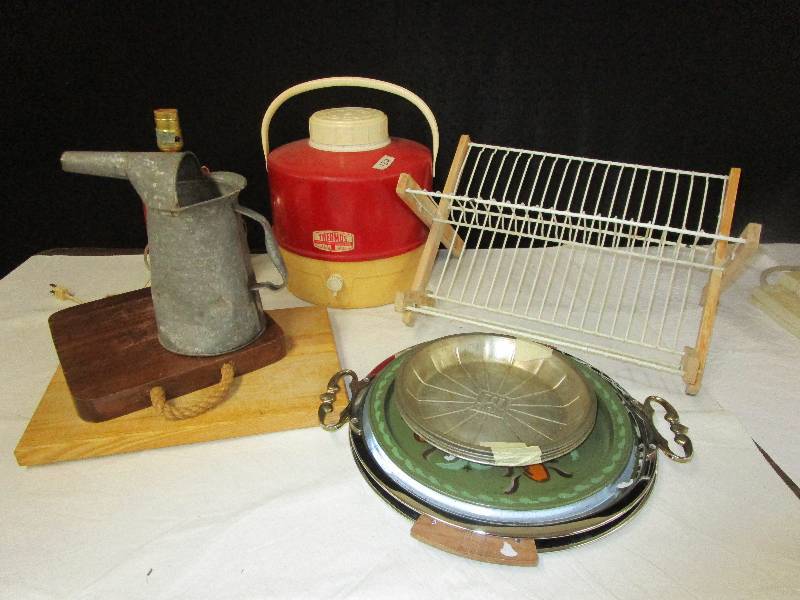 lot 98 image: Cutting boards, thermos, lantern lamp, drying rack, pie pans, half gallon liquid U.S. Standard NYC APPRD old oil can
