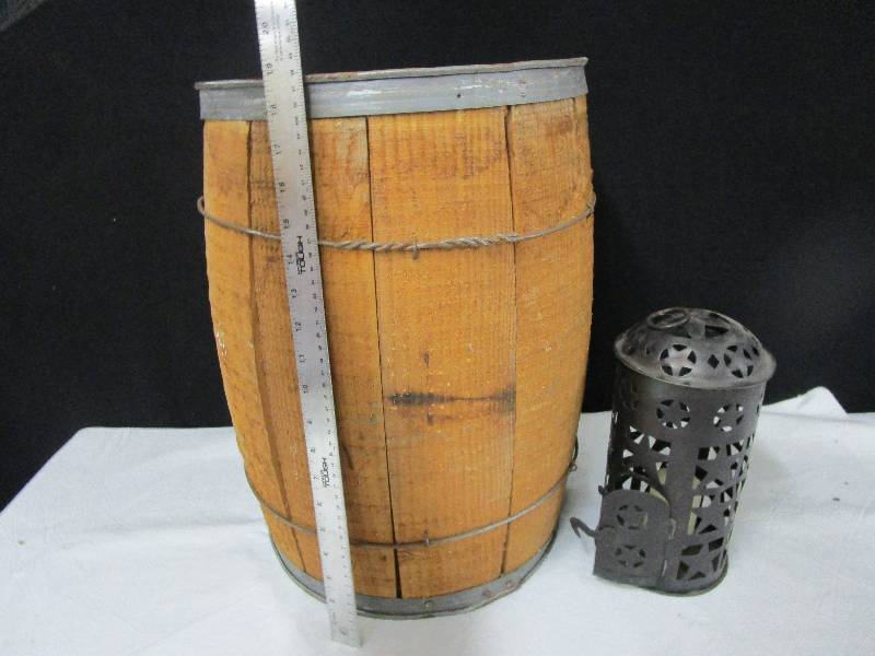 lot 103 image: Old Nail Keg 19 high and 13 across and Lantern
