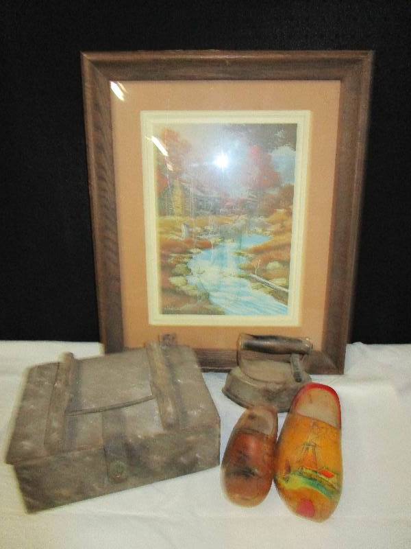 lot 109 image: . J. Blaylock  1982Picture, Glass Cracked, Old wooden Tackle Box and Misc