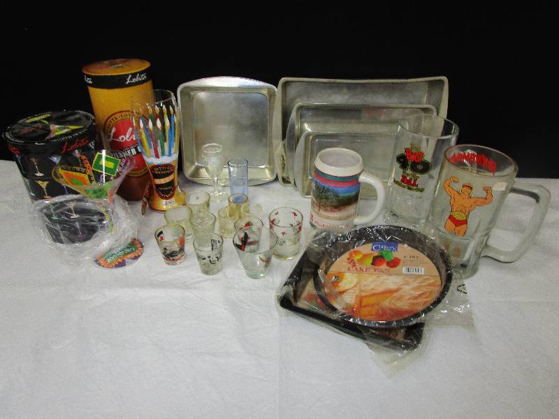 lot 110 image: Large Beer Mugs, Shot Glasses, Birthday Beer Glass, Martini Anniversary Glass and Lots of Baking Pans