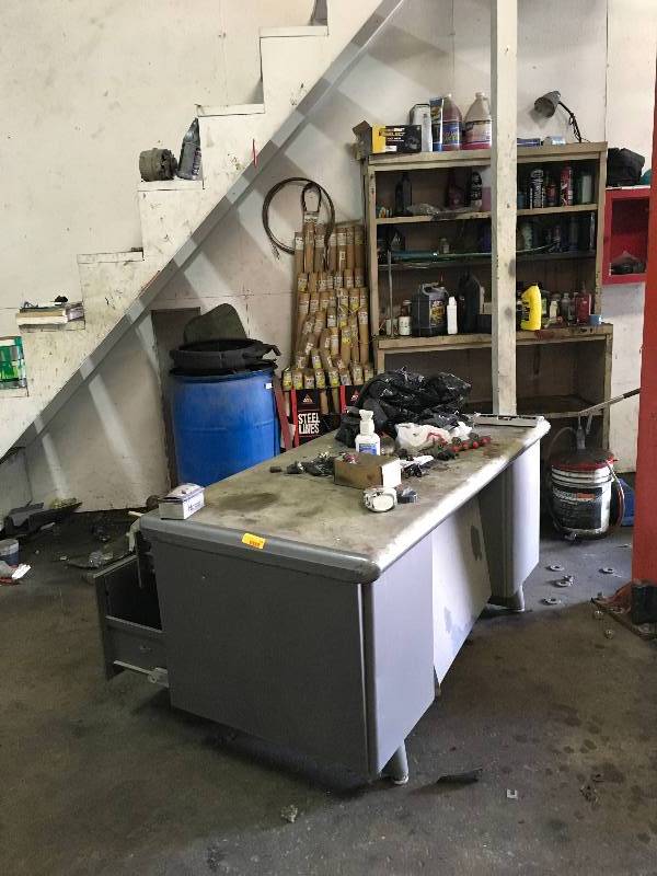 lot 128 image: Metal Desk, Metal Shelf, W Supplies, Phone, Wire Rack and Wire Rack Shelf WSupplies Schedule Stand & Phone