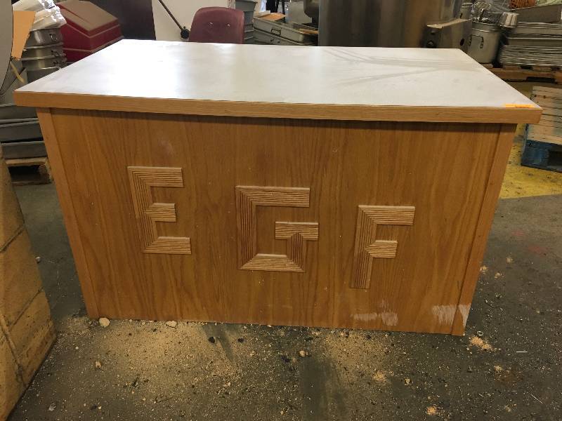 WOODEN DESK, HAS EGF ON THE FRONT SIDE