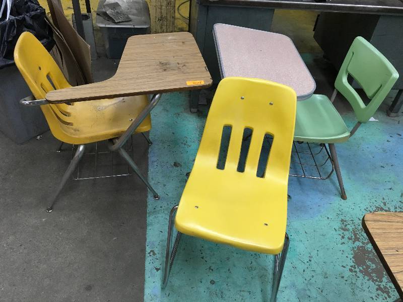 2 STUDENT DESKS AND YELLOW CHAIR
