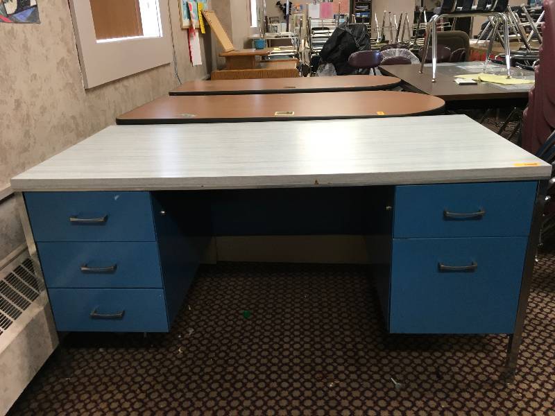 DESK, BLUE METAL BASE