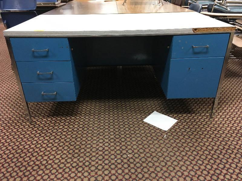 DESK, BLUE METAL BASE