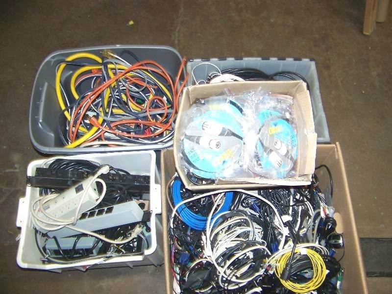 lot 45 image: (5 Boxes) Miscellaneous AudioVideoLighting Cables, Extension Cords, Power Strips and more