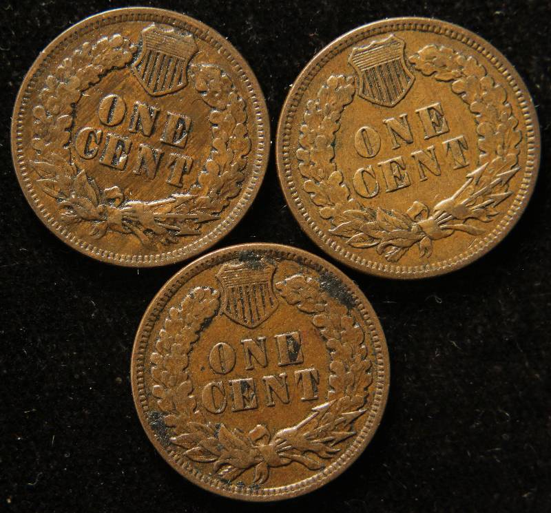 3 INDIAN HEAD CENTS 1900, 1906, 1908 VF-XF
