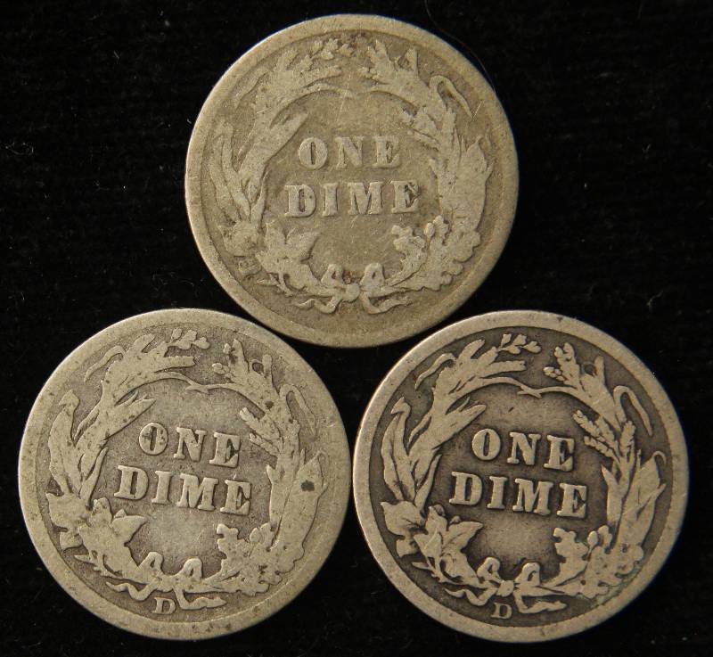 3 BARBER SILVER DIMES 1898, 1906-D, 1914-D
