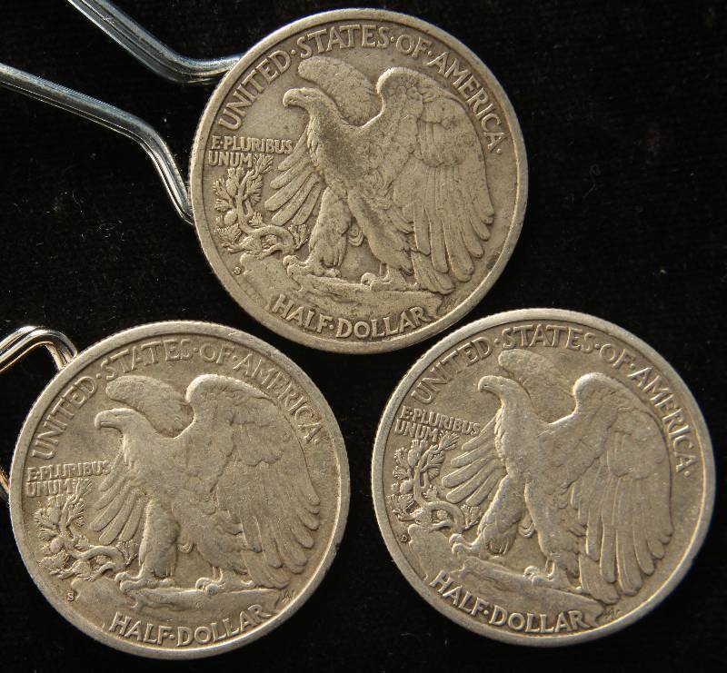3 WALKING LIBERTY HALF DOLLARS VF-XF