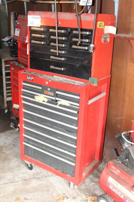 lot 27 image: Sears Craftsman Locking 24-Drawer 2-Piece Rolling Metal Tool Chest