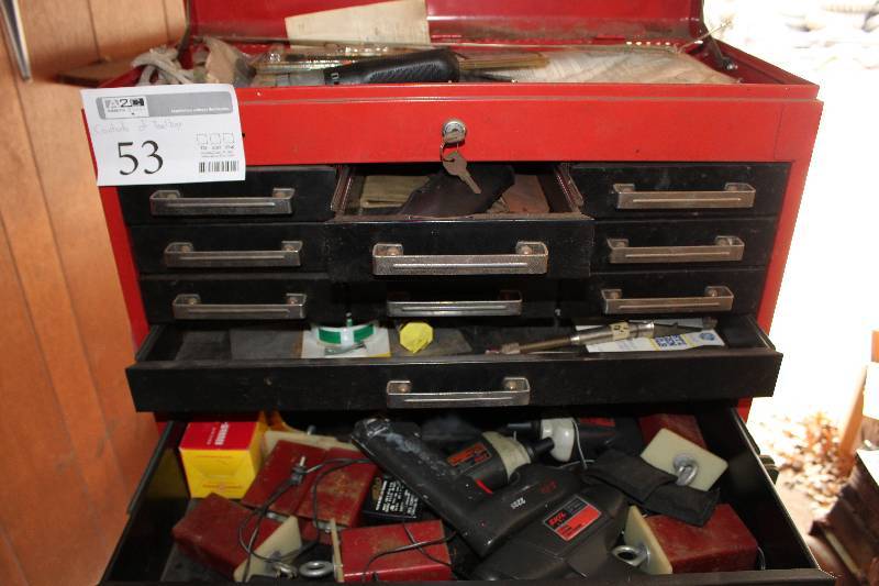 lot 53 image: Tool Box Contents - Skil Cordless Drill, Wire Cutters, Screwdrivers, Hex Set, Ratchet Wrenches, Torque Wrench, And More
