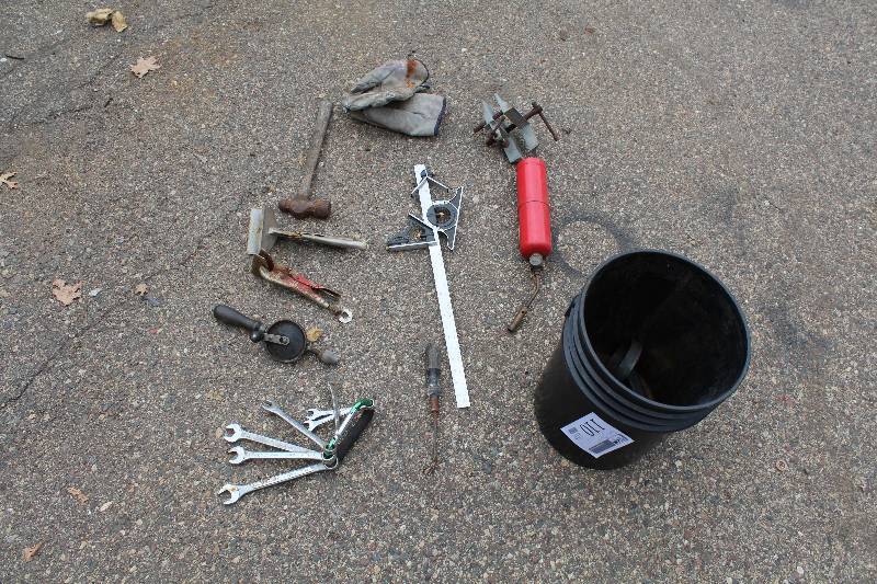 lot 110 image: Propane Torch, Level Square, Wrench Set, Hand Drill, Locking Pliers, Hammer, Work Gloves