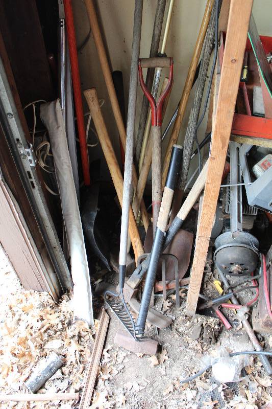 lot 60 image: Yard Tools - Rakes, Sledgehammer, Pitchfork, Shovel, And More