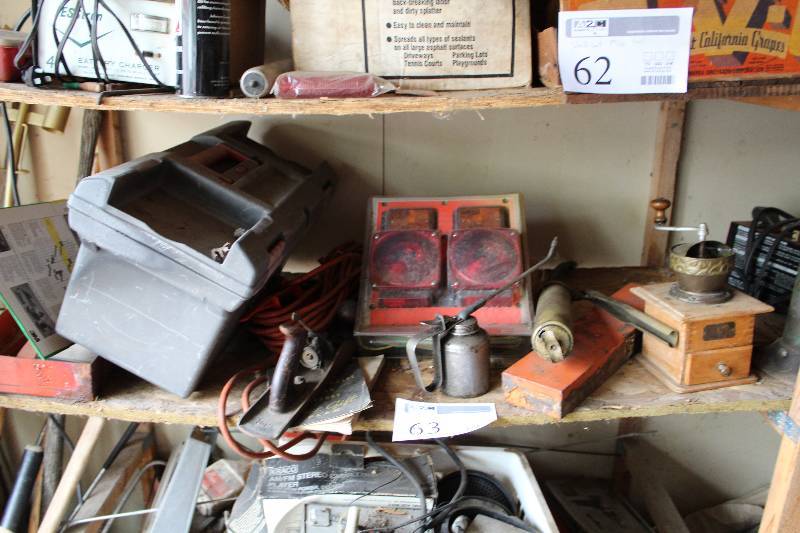 lot 63 image: Grease Gun, Oil Can, Trailer Light Set, Plane, Extension Cord, Tool Box, Misc Boxes