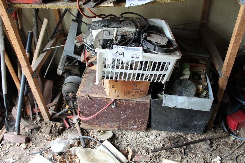 lot 64 image: Kraco Car Stereo, Small Motor, Stool, Car Electronics, Black & Decker Hand Pump, Jack Rabbit Paint Sprayer, Black & Decker 58 hp Router