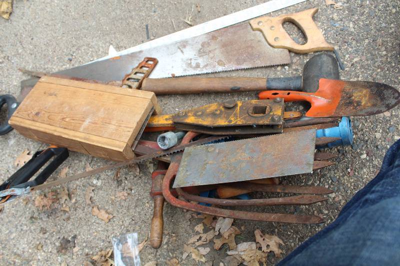 lot 107 image: Wood Saw, Hammer, Tree Saw, Trowel, Pitch Fork, Miter Saw Box