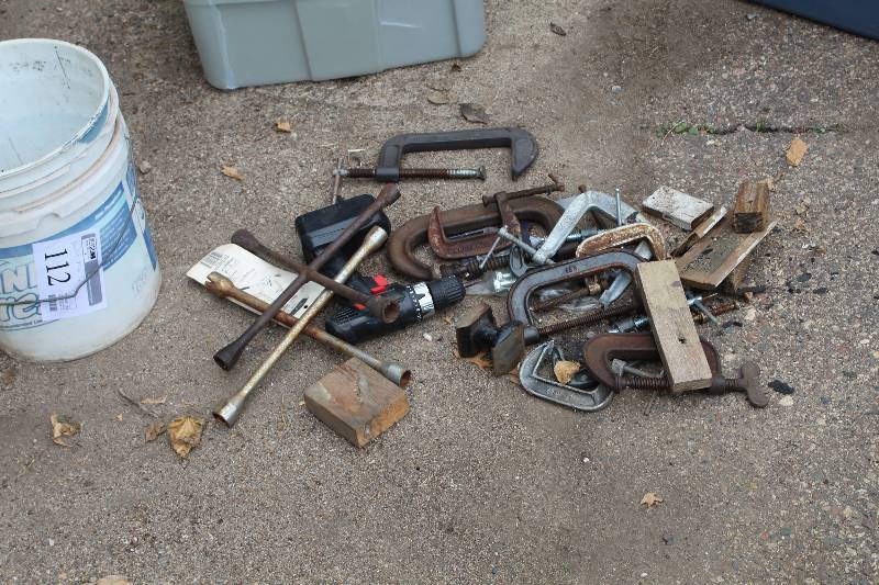 lot 112 image: Tire Irons, C-clamps, Drill, And More