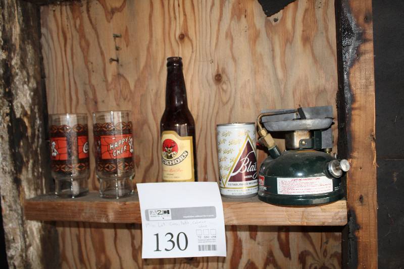 lot 130 image: Blatz Beer Cans, Bottles, Happy Chef Water Glasses, Coleman Stove
