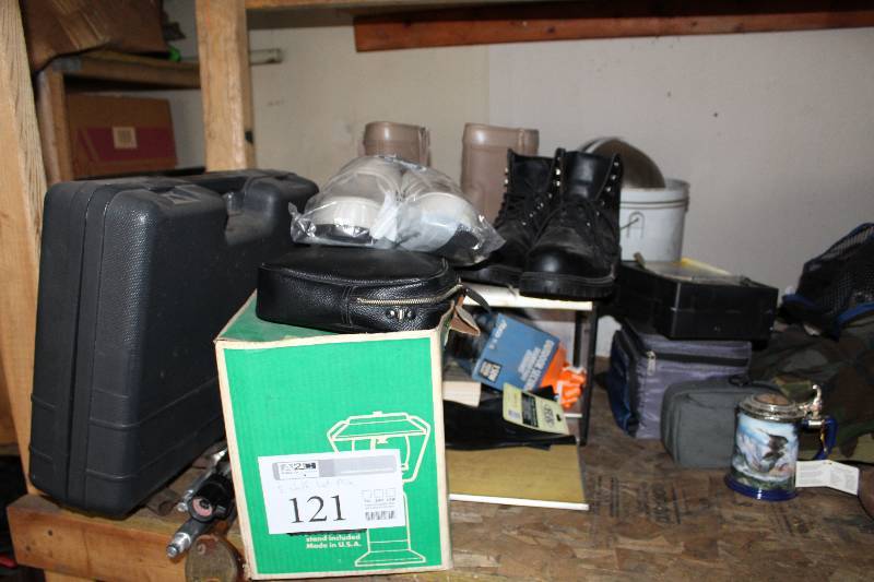 lot 121 image: work Boots, Dr. Scholls Size 2 Comfort Shoes, Sears 6204 Binoculars, Vestergaard Propane Lamp, Car Care Kit, Beer Stein