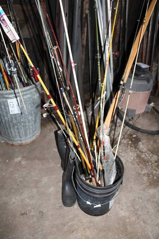 lot 126 image: Fishing Rods w Reels, Rubber Wader Boots