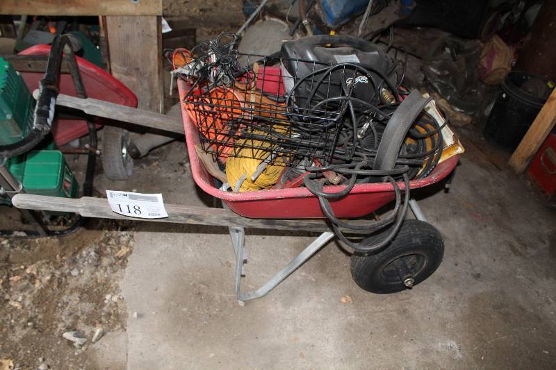 lot 118 image: Wheelbarrow, Black Cat Pressure Washer, Jumper Cables, Wire, Misc Hardware