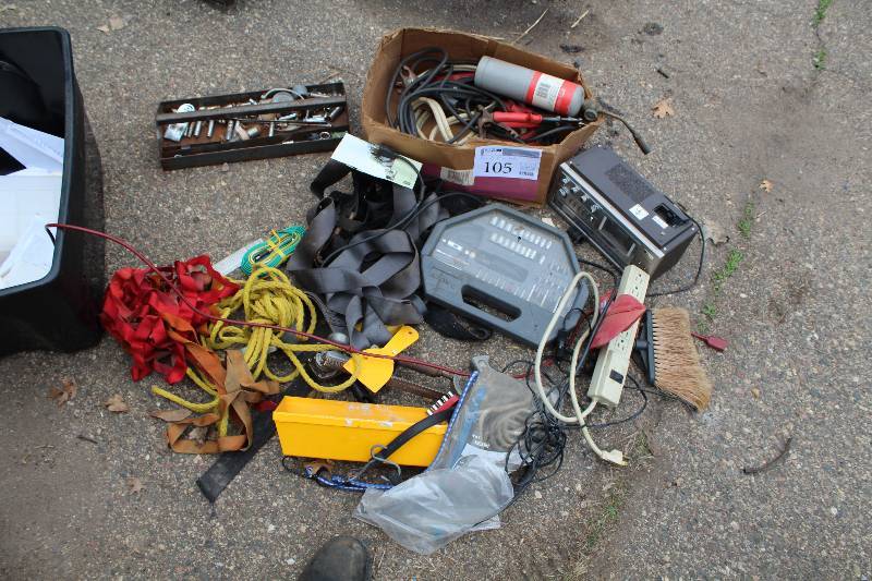 lot 105 image: AllTrade Tool Set, Propane Torch, Stereo Cassette Player, Nylon Rope, Nylon Straps, Wiring, And More