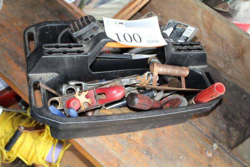 lot 100 image: Tool Tray w Tools - Wood Plane, Hand Drill, Multi-Socket Wrench, Crescent Wrenches, Screwdrivers, Hammers, And More
