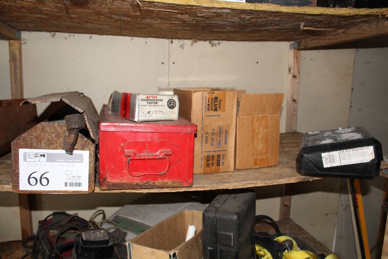 lot 66 image: Tool Box w Misc Tools, Sun Compression Tester, Super Blue Silicon Gasket Maker, Fiberglass Cloth, Tire Chains, And More