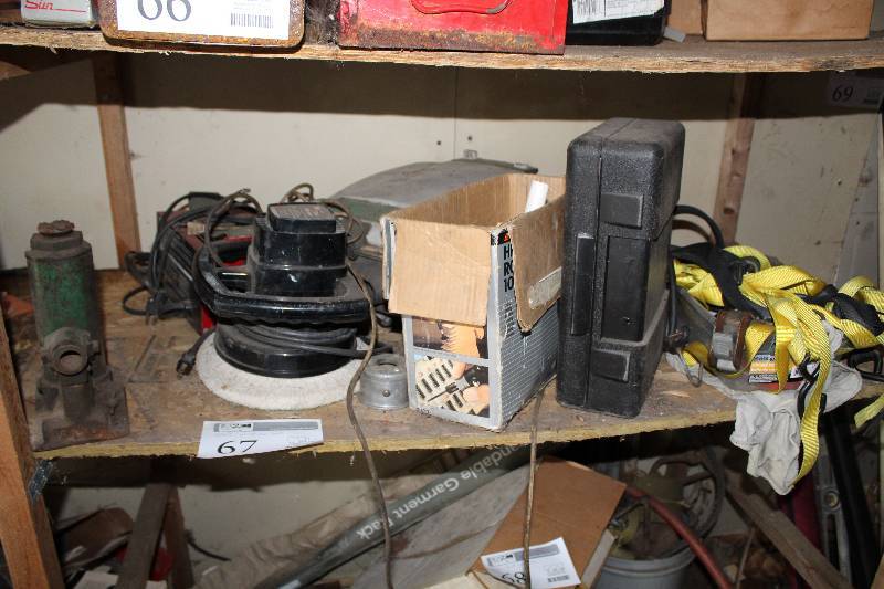 lot 67 image: Wen 10in. Orbital Car Waxer, Century 102A 6&12V Dual Range Battery Charger, Black & Decker High Speed Rotary Tool, Black & Decker Power Adapter, Drill, Bottle Jack