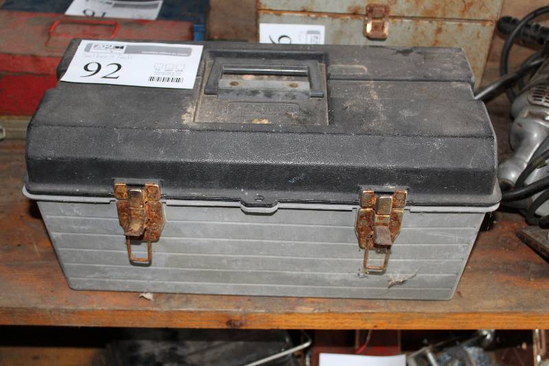 lot 92 image: Tool Box w Tools - Sockets, Snips, Misc Tools, Misc Hardware