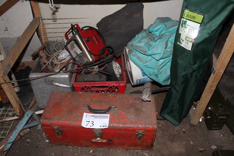 lot 73 image: Atlas Battery Charger, Power Cords, Cooler, Folding Captains Chair, Tool Box w Misc Tools