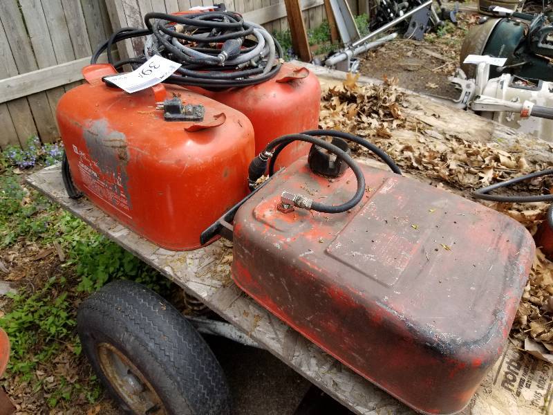 lot 39A image: Lot of (3) 1960s Vintage Metal Outboard Fuel Tanks