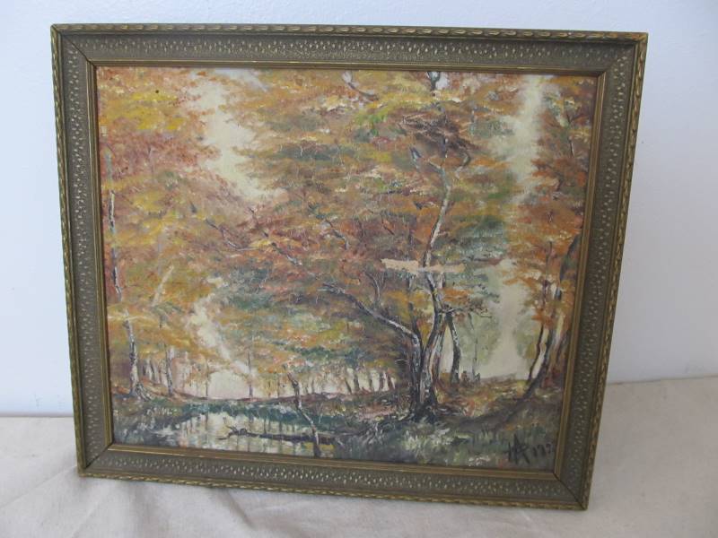 lot 33 image: Original 1920s Signed Kentucky Forest Scene Oil Painting wHistory