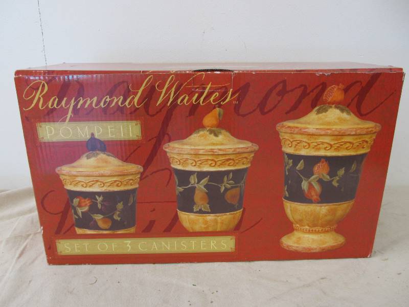 lot 43 image: BRAND NEW Raymond Waited Hand Painted Ceramic Canister Set