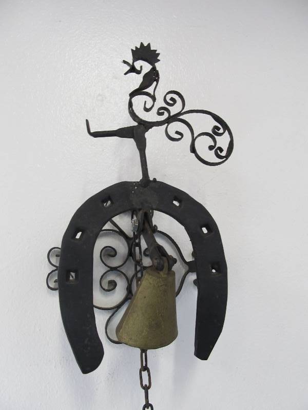 lot 48 image: Rustic Iron & Brass Rooster Pull-Chain Bell