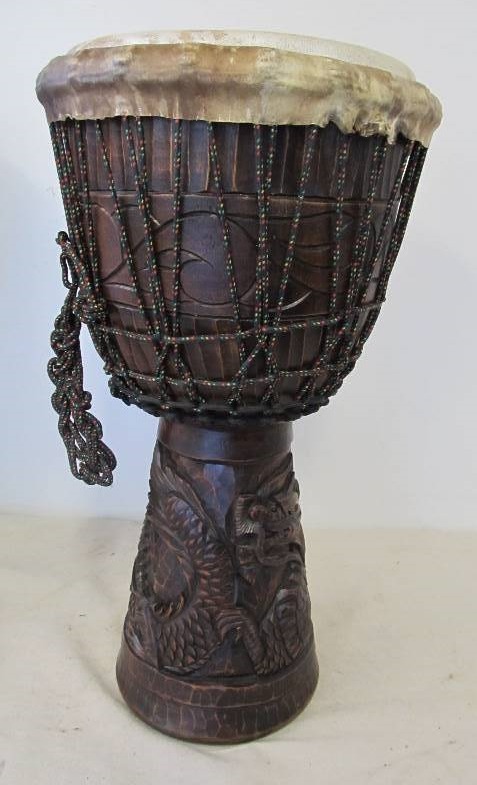 lot 59 image: Nice Carved Wood Bongo Drum wCase