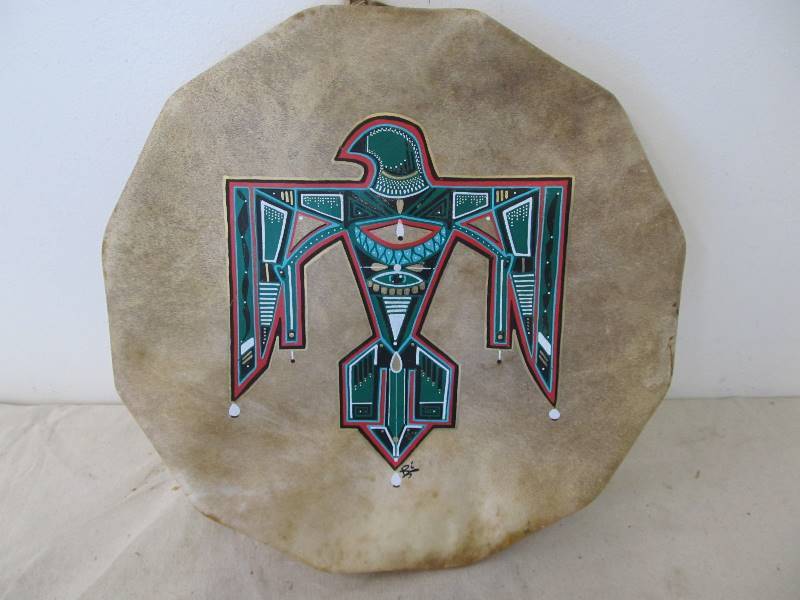 lot 60 image: Hand Painted & Signed Native American Animal Hide Drum Head