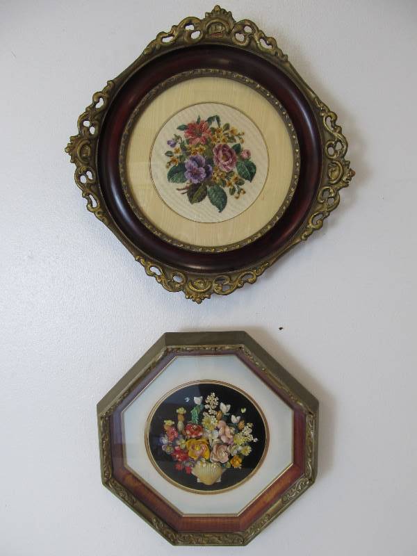 lot 83 image: Antique Victorian Framed Floral Shell Artwork & Needlepoint