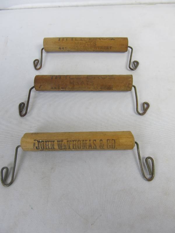 lot 117 image: 3 Antique Wooden MinneapolisSt. Paul Advertising Grocery Store Handles