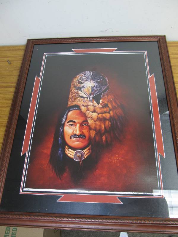 lot 125 image: Framed Signed & Numbered Native American Print Hawkman II by Leonard Peltier