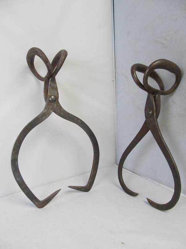 lot 21 image: 2 Pairs of Antique Iron IceLumber Tongs